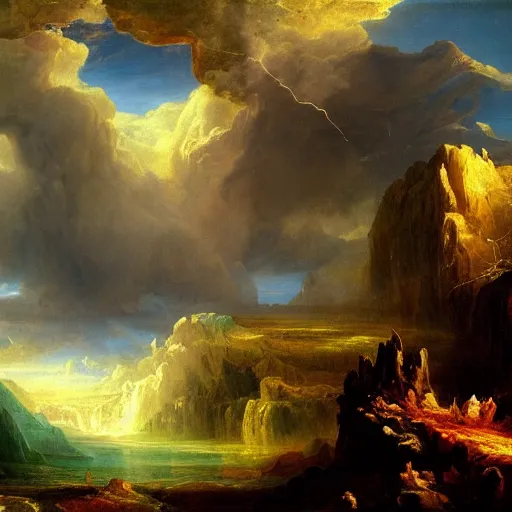 Prompt: landscape mountain falling appart, wrath of god, apocalypse, angels, last jugement, john martin, thomas cole