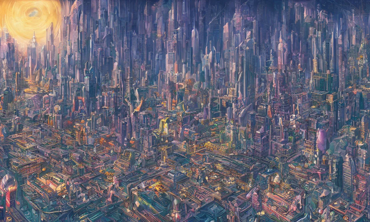 Image similar to futuristic city, illustration painting, oil on canvas, intricate, hd, digital art, overdetailed art, complementing colors, detailed, illustration painting by alex gray, digital art, moebius