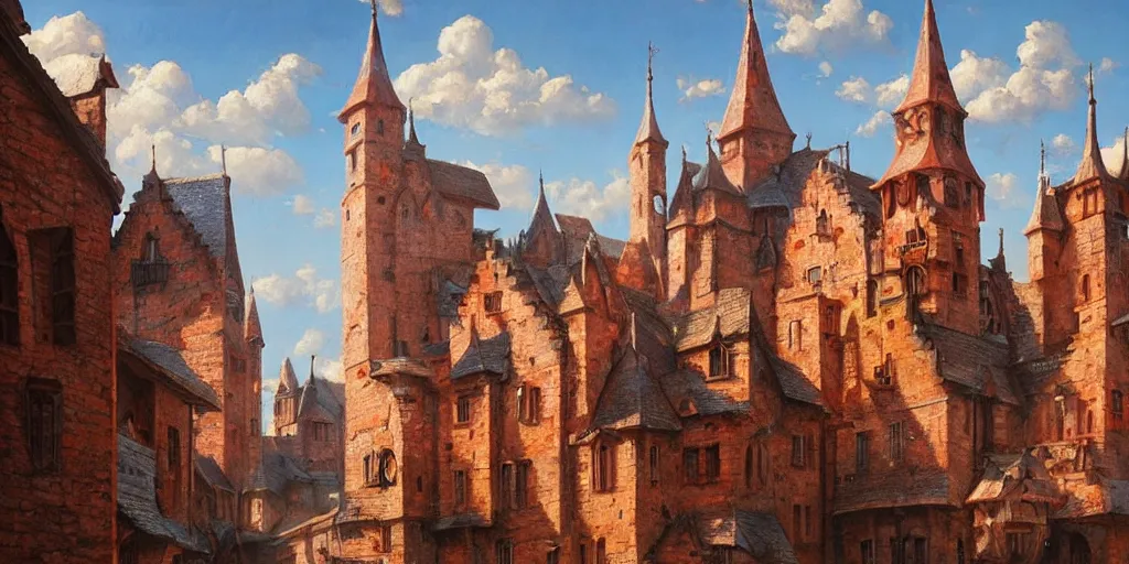 Prompt: hyper realistic oil painting of a medieval city, houses made out of red stone, houses made out of white stone, hyper detailed, high contrast, bright, summer, blue skies, by Greg Rutkowski, trending on artstation