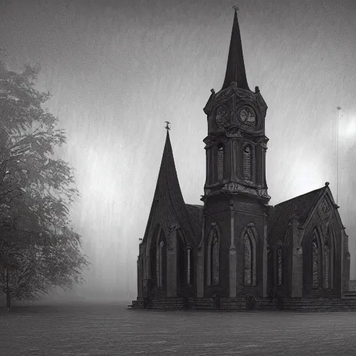 Image similar to victorian church in the middle of the city, dark, misty, at night, 8 k, detailed, concept art, trending on artstation