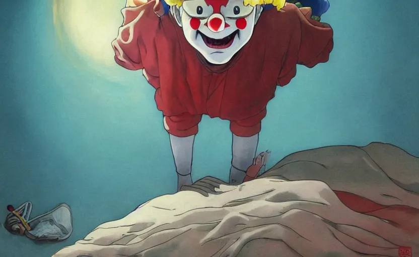 Prompt: the silly clown awoke from its slumber beneath the bed frame, digital painting masterpiece, haunting beautiful brush strokes, painted by Moebius and Hayao Miyazaki and Akira Toriyama