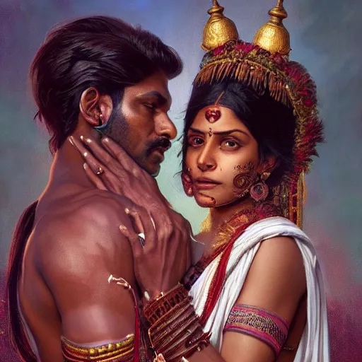 Prompt: portrait painting of dark muscular indian couple kissing, sari, ultra realistic, concept art, intricate details, eerie, highly detailed, photorealistic, octane render, 8 k, unreal engine. art by artgerm and greg rutkowski and alphonse mucha