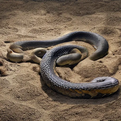 Image similar to huge snake squeezing a dead body inside the grave, dark colors, horror, realistic, sand and gravel