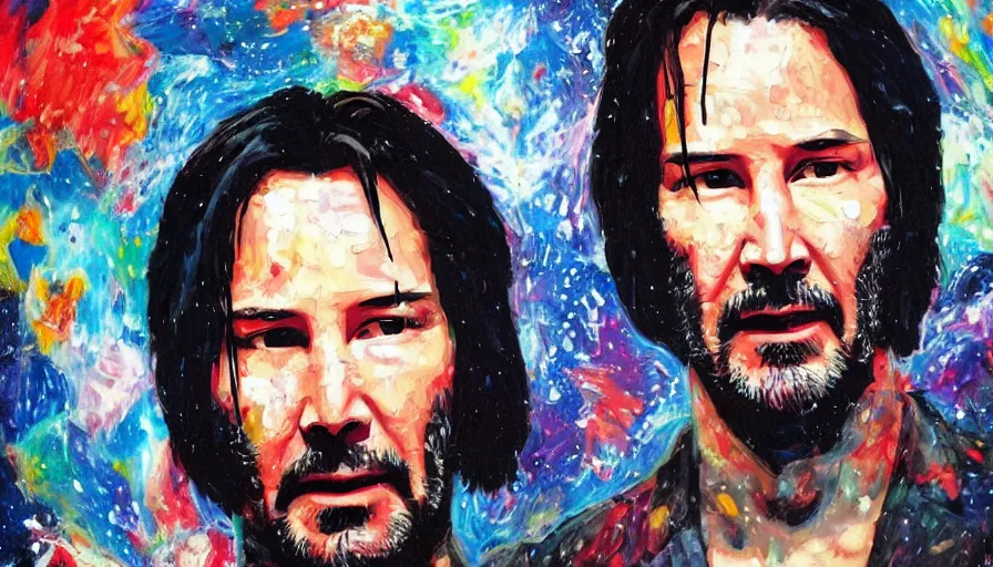 Image similar to Keanu reeves floating in space with a distressed look on his face, acrylic paint on canvas,