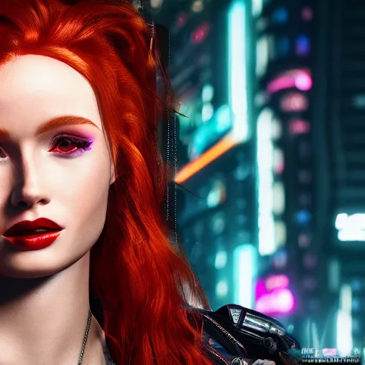 Image similar to madelaine petsch portrait, cyberpunk 2 0 7 7, cyberpunk judy alvarez, photorealistic, ultra detailed, neon, octane, bokeh, cinematic lighting, cyber, cyberpunk city, studio quality, feature, scars, cyberface, 8 k