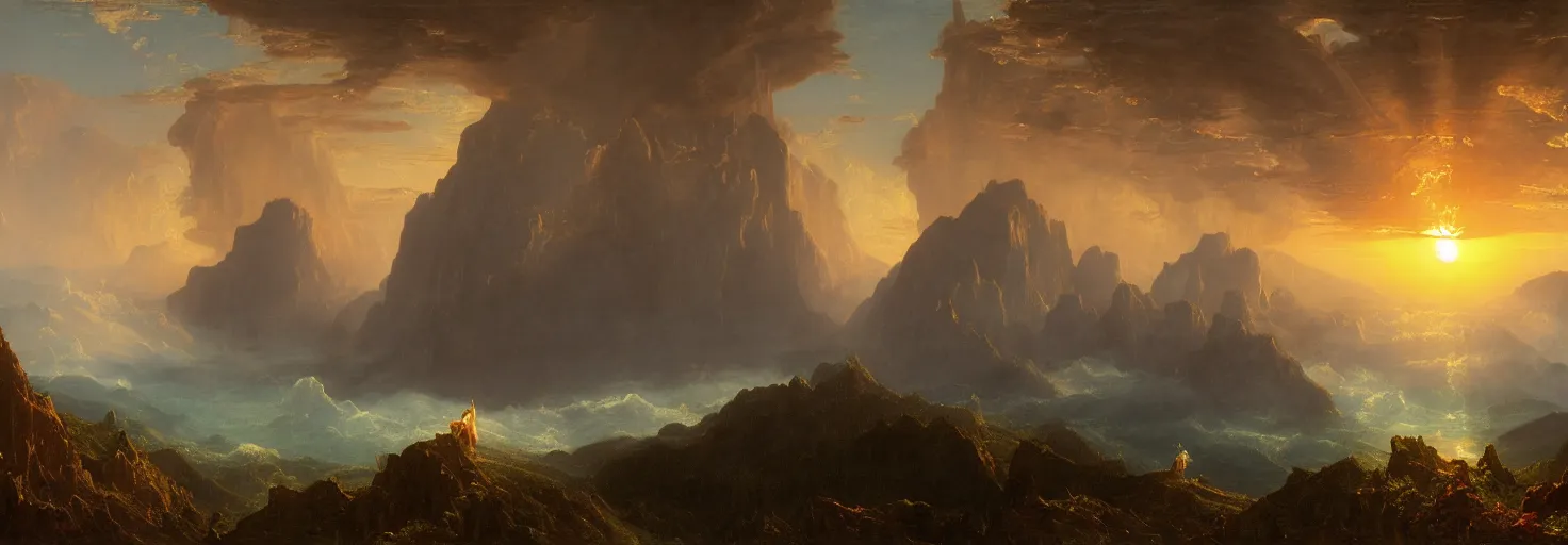Prompt: a surreal and awe-inspiring thomas cole and albert Bierstadt digital art panoramic landscape painting at sunset of Icarus in a firey tailspin while Daedalus looks on in disbelief, unreal engine, 4k, matte
