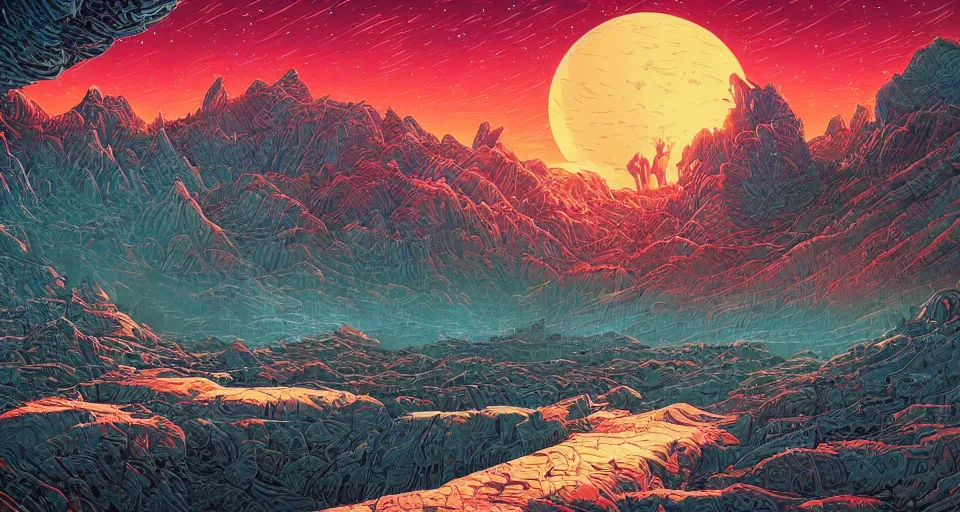 Prompt: a scifi landscape painting by Dan Mumford, by Tokio Aoyama