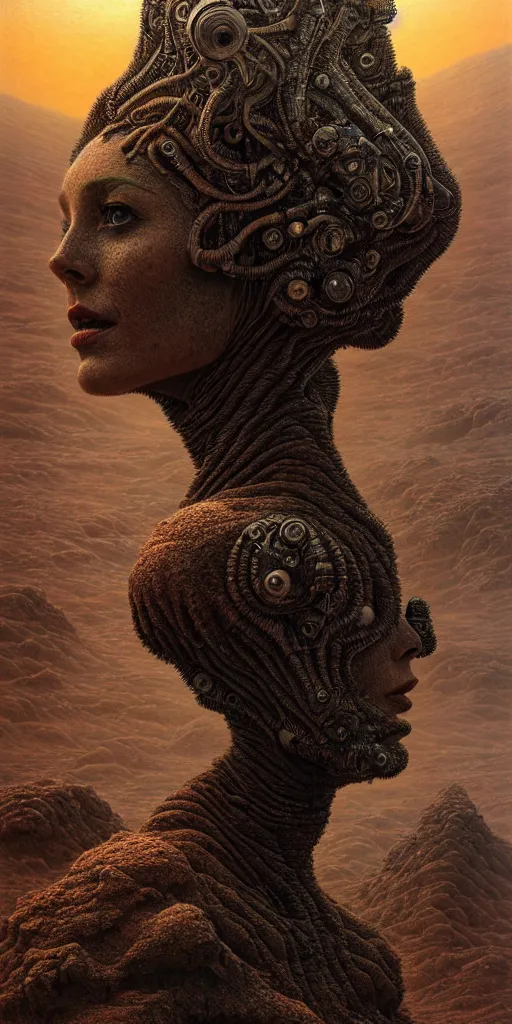 Image similar to ultra realist intricate detailed portrait of a single rugged attractive female on an alien landscape, insanity, accurate features, apocalyptic, very intricate details, 8 k resolution, dim lighting, volumetric lighting, artstyle zdzisław beksinski and keith thompson, award winning