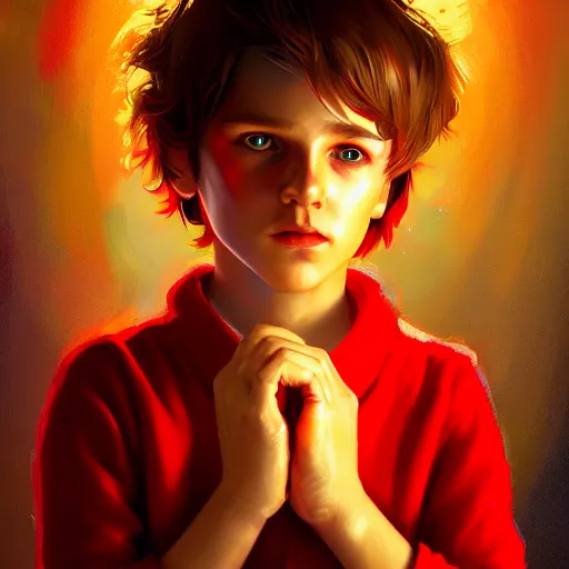 Image similar to colorful and festive captivating young child boy, brown fluffy hair, wearing red and yellow hero suit, making a two with his hand. full body, rich vivid colors, ambient lighting, dynamic lighting, 4 k, atmospheric lighting, painted, intricate, highly detailed by charlie bowater