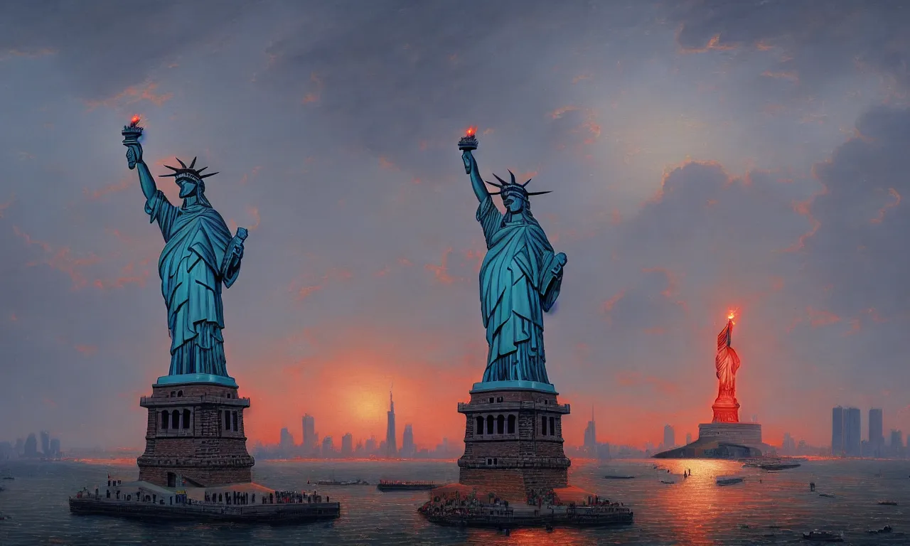 Image similar to statue of liberty with a cycloptic robot head looking over the harbor, by asher brown durand, trending on artstation, 8 k resolution, red lights, cyberpunk, demonic symbols