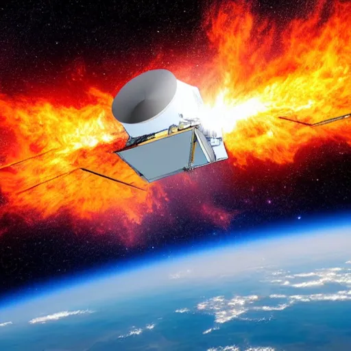 Prompt: satellite on fire in space