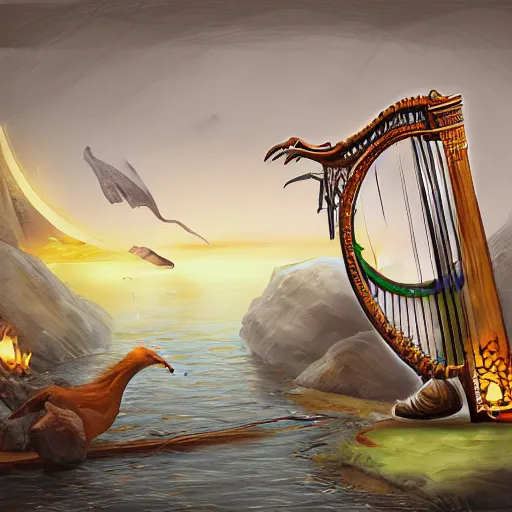 Image similar to burn the harp and cook the crane, digital painting, concept art