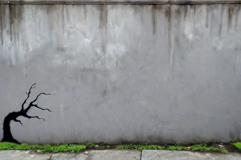 Image similar to abstract wall painting of nature landscape, grey grunge wall rule of thirds, art by banksy