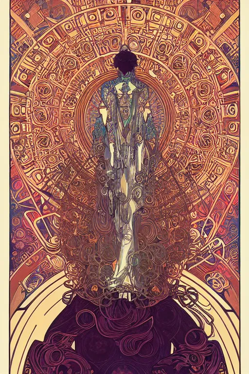 Prompt: technological deity by greg rutowski , victo ngai , alphonse mucha