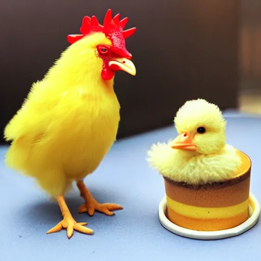 Prompt: a fluffy small yellow baby chick standing in a barnyard next to a miniature birthday cake. A large realistic rooster watches