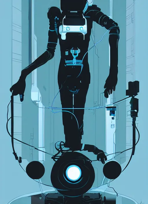 Image similar to poster artwork by Michael Whelan and Tomer Hanuka, of GLADOS from the game Portal 2, from Valve, Aperture Science, clean