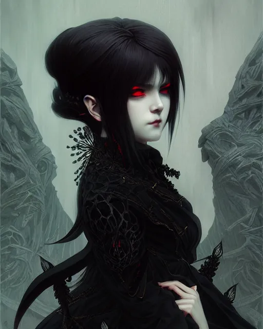 Prompt: dark vampire, character portrait, concept art, intricate details, highly detailed by ilya kuvshinov and gustave dore, wenjun lin,