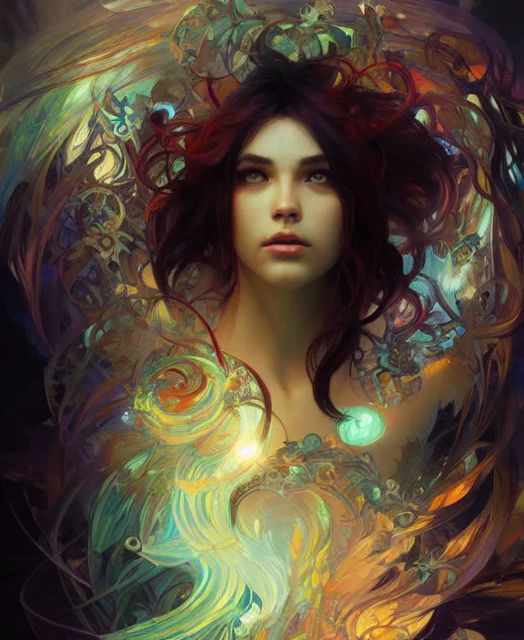 Image similar to a whirlwind of souls ushing inside the metaverse, half body, glowin eyes, d d, fantasy, intricate, elegant, highly detailed, colorful, vivid color, digital painting, artstation, concept art, art by artgerm and greg rutkowski and alphonse mucha and ruan jia