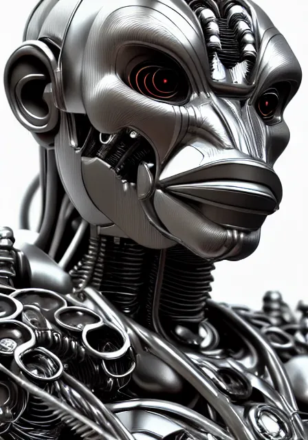 Image similar to potrait hyper detail portrait of a mechanical ape cyborg, silver, sci fi, full body, complex 3 d render, art by kazuhiko nakamura and hajime sorayama, 8 k octane detailed render, post - processing, dramatic studio lighting, extremely hyperdetailed, intricate futuristic mechanic parts, sharp focus, blender, masterpiece, trending on artstation