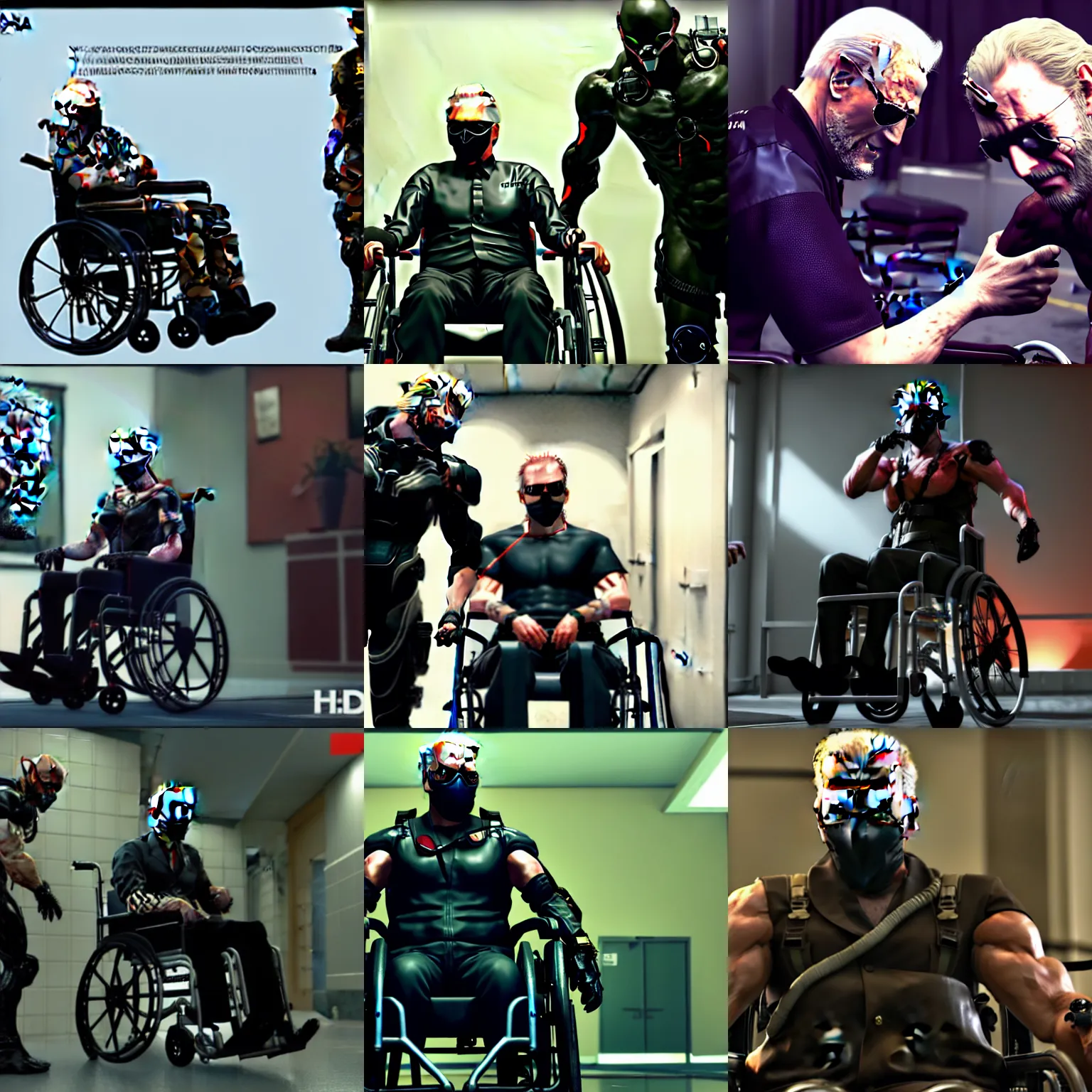 Prompt: MGSV Punished Venom Joe Biden in a nursing home wheelchair by Hideo Kojima, 4k, 8k, Unreal Engine, trending ArtStation
