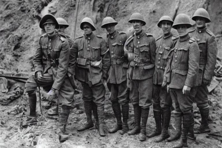 Image similar to old monochromatic photograph of Spider-Man with soldiers in a WW1 trench