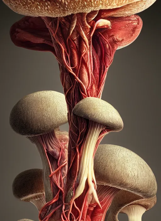 Image similar to magic mushroom with translucent skin, visible muscles and veins and arteries and bones and spines and nerves, beautiful detailed intricate insanely detailed octane render, 8k artistic photography, photorealistic, chiaroscuro, by David Cronenberg, Raphael, Caravaggio