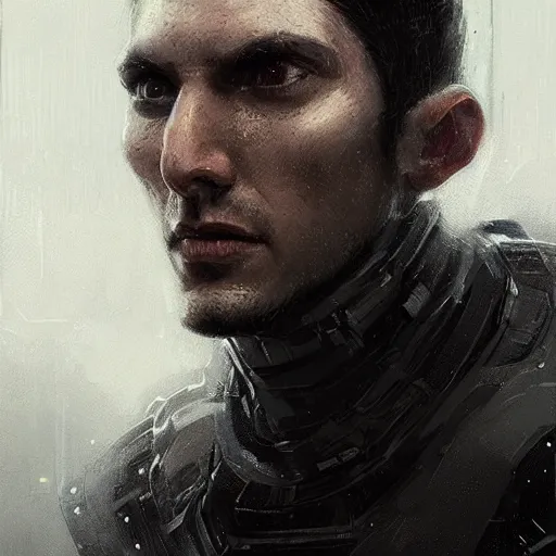Prompt: portrait of a man by greg rutkowski, he is about 3 0 years old, short black hair with bangs, scared and incredulous, very tall and slender, he is wearing futuristic space gear, highly detailed portrait, digital painting, artstation, concept art, smooth, sharp foccus ilustration, artstation hq