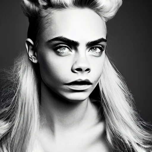 Image similar to photo of a gorgeous 20-year-old Cara Delevingne sky-high bouffant hairstyle by Mario Testino, detailed, head shot, award winning, Sony a7R -