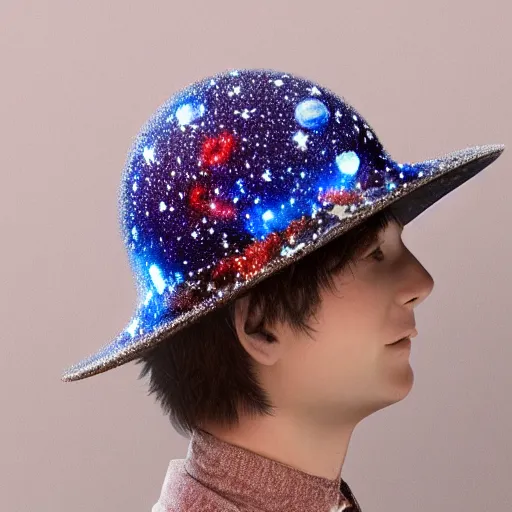 Image similar to a hat made out of stars and moons and planets, hyperrealistic detailed beautiful intricate 3 d render