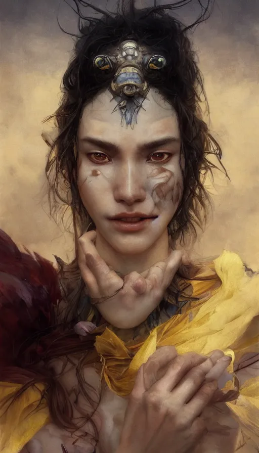 Image similar to epic masterpiece [rincess mononoke, drama, sweaty skin, hyperrealistic, octane render, cinematic, beautiful face and flawless skin, perfect hands, 5 fingers, yellow by Edgar Maxence and Ross Tran and Michael Whelan and Lorenzo Sperlonga, Brom, Legends of Runeterra