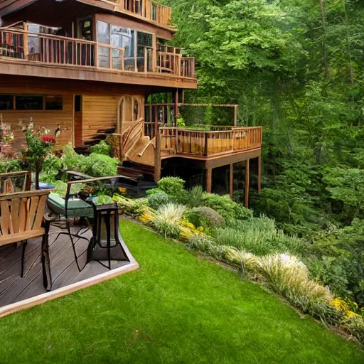 Image similar to backyard deck in misty lush landscape with multi levels and rich wood, gas lanterns, fern and golden retrievers