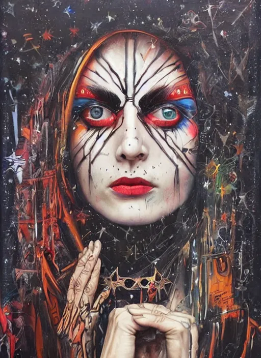 Prompt: tripping cult magic psychic woman, subjective consciousness psychedelic, epic occult ritual symbolism story iconic, dark robed witch, oil painting, robe, symmetrical face, greek dark myth, by Sandra Chevrier, masterpiece