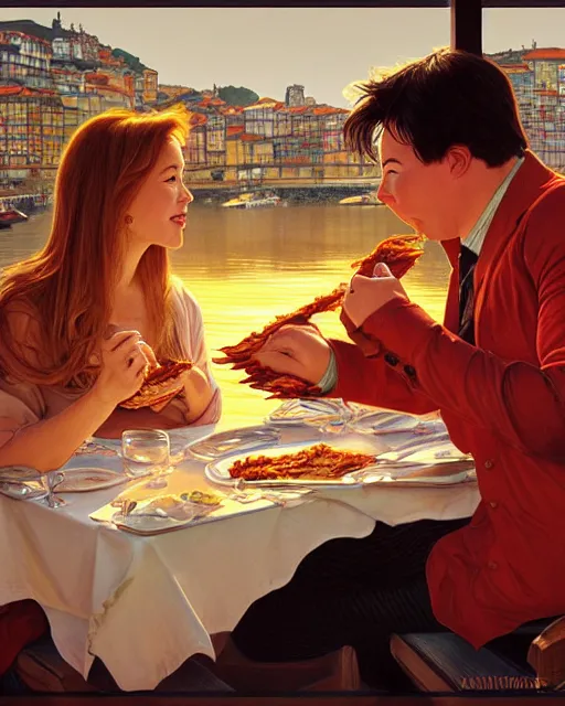 Prompt: Portrait of Michael Mcintyre & a blonde lady eating lasagna on waterfront in Porto, sunset, real life skin, intricate, elegant, highly detailed, artstation, concept art, smooth, sharp focus, art by artgerm and greg rutkowski and alphonse mucha