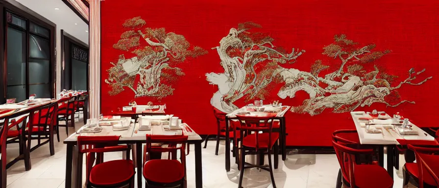 Image similar to a beautiful hyperdetailed interior render of roasted string hotpot restaurant restaurant yan'an, wall corner, from china, red paper wall and white tile floor, with merchant logo, fine delicate structure, chinese style, simple composition, simple style structure decoration design, victo ngai, 4 k hd