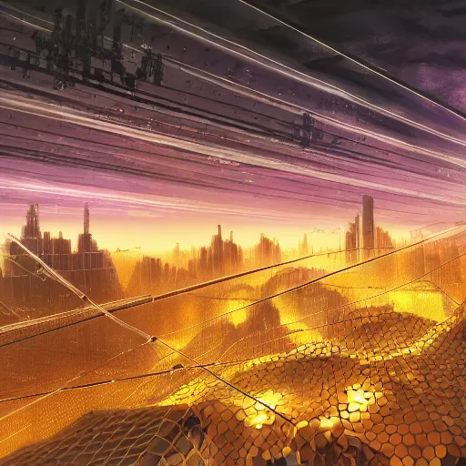 Prompt: Mystical Sci-fi Concept Art, Technological, Cables, Wires, Landscape, Mechanically Enhanced Honeycomb, Cybernetic, Ambient Lighting, Honeycomb, Glowing Amber, Honey. Cityscape