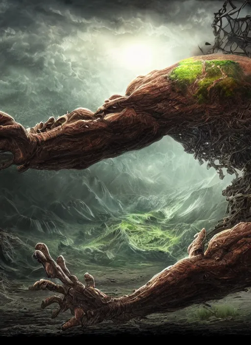 Image similar to destroyed earth held by two hands, digital art, trending on art station, very detailed, detailed background