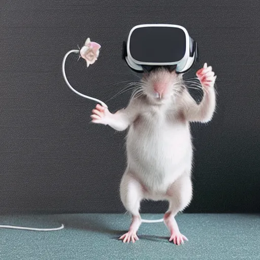 Prompt: cute rat with a virtual reality headset, photograph