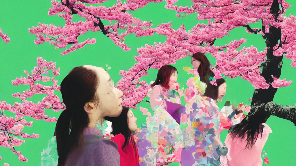 Image similar to close - up, of a woman in a small group of people flower viewing sakura picnic, japan, a collage painting, in the style of wes anderson, lola dupre, david hockney, isolated on negative white space background dark monochrome neon fluorescent spraypaint accents volumetric octane render