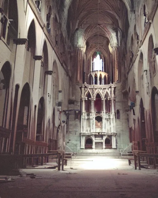 Image similar to a disposable camera photo of an abandoned cathedral haunted by a ghost