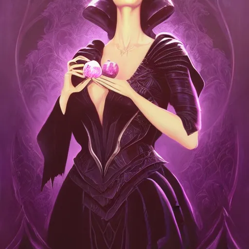 Prompt: evil queen holding up a crystal apple with both hands, wearing a black dress with big collar, a violet magical jungle in the background. in the style of magic the gathering, james jean, ross tran, craig mullins. yennefer vengerberg, magical atmosphere, superdetailed illustration, 3 d art overpain, 8 k