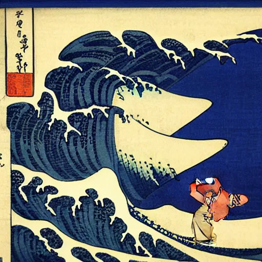 Image similar to surfing on a big wave, ukiyo-e by Utagawa Kuniyoshi