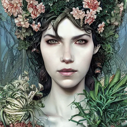 Image similar to a beautiful detailed front view portrait of a rotten woman corpse with plants and fractal flowers growing around, artgerm, joshua middleton comic cover art,