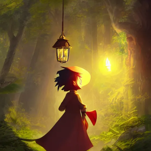 Image similar to concept art painting of an anthropomorphic luffy wearing a yellow cloak, holding a lantern, in the deep forest, realistic, detailed, cel shaded, in the style of makoto shinkai and greg rutkowski and james gurney