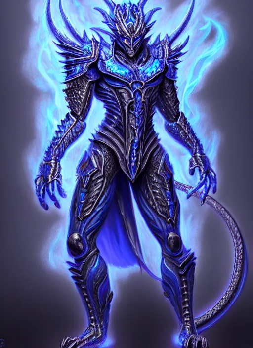 Image similar to muscular and tall blue ghostly fire humanoid dragon!!!! draconian!! intricate ornate iridescent heavy armor!! character concept art, sharp focus, octane render! unreal engine 5! highly rendered!! trending on artstation!! detailed linework!! illustration by artgerm, wlop, and chie yoshii