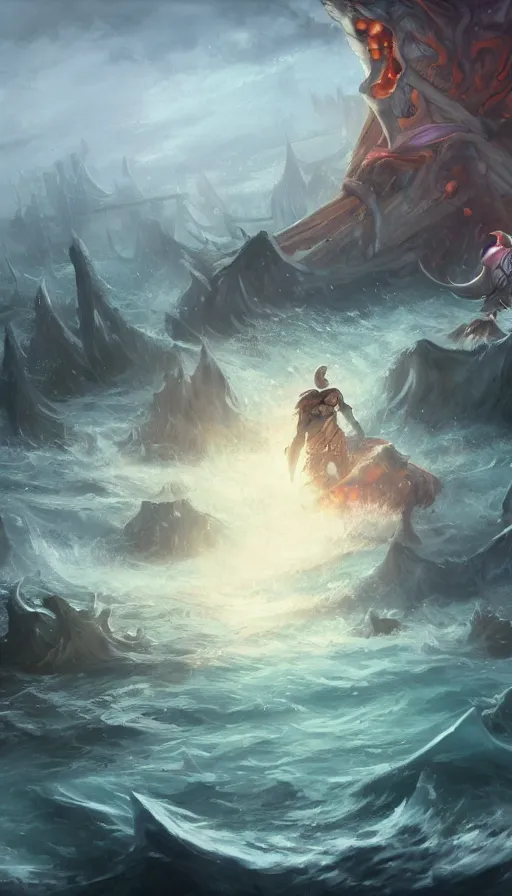 Image similar to man on boat crossing a body of water in hell with creatures in the water, sea of souls, by league of legends concept artists