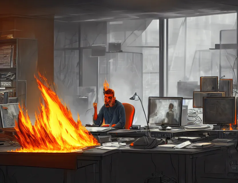 Image similar to a man works at a workstation in a very big office with burning fires, close up, featured in artstation, intricate, ultra detailed, unreal engine, concept art, wide - angle lens, sharp focus, illustration, 8 k