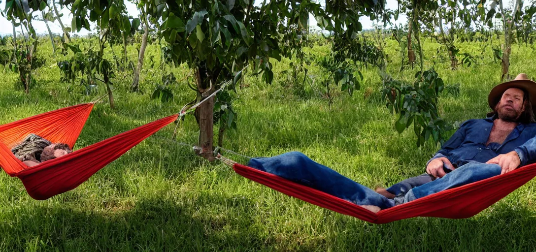 Image similar to Dutch Van Der Linde from Red Dead Redemption 2 sleeping in a hammock, a field of mango trees in the background