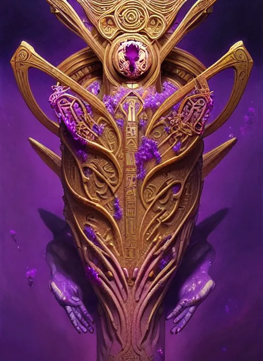 Image similar to ornate alien sacred sarcophagus, art nouveau hieroglyphics, lavender and gold palette, symmetry, fantasy, intricate, elegant, highly detailed, colorful, dark colors, dramatic shadow, digital painting, artstation, concept art, art by artgerm and greg rutkowski and ruan jia and fromsoftware