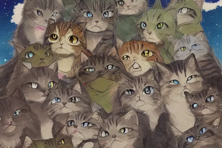 Prompt: beautiful art illustration of a group of cats by studio ghibli, anime, highly detailed