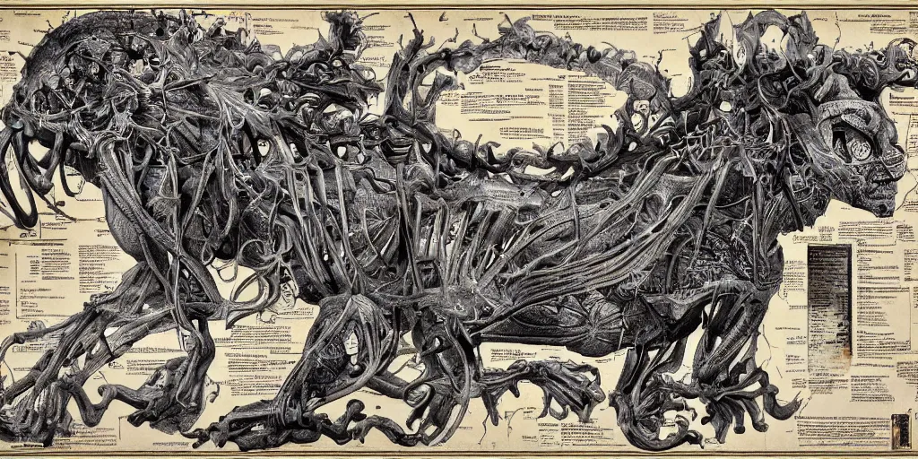 Prompt: highly detailed labeled medical anatomy poster of a animalistic god, poster paper with notes, well - lit, ray tracing, detailed, mechanism, forbidden - knowledge, intricate details, gold and silver ink, by kentaro miura, marco bucci